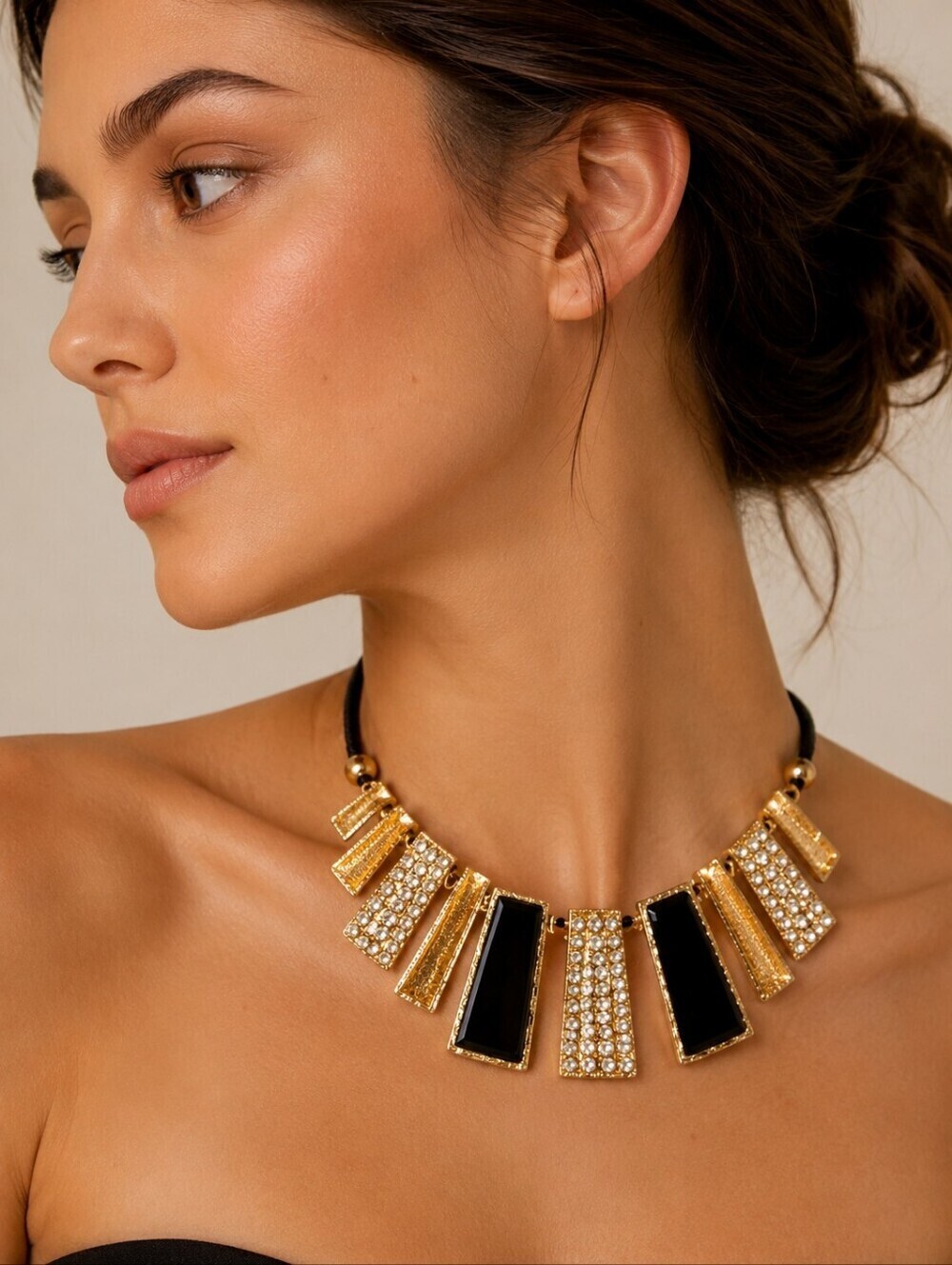 Gold Black Glitter Rhinestone Bling Geometric Baddie Bib Necklace